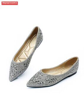 Rhinestone Pointed Toe Flats with Memory Foam Insole Comfortable Slip-On